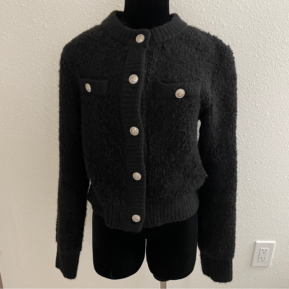 HM Black Boucle Classic Old Money Cardigan